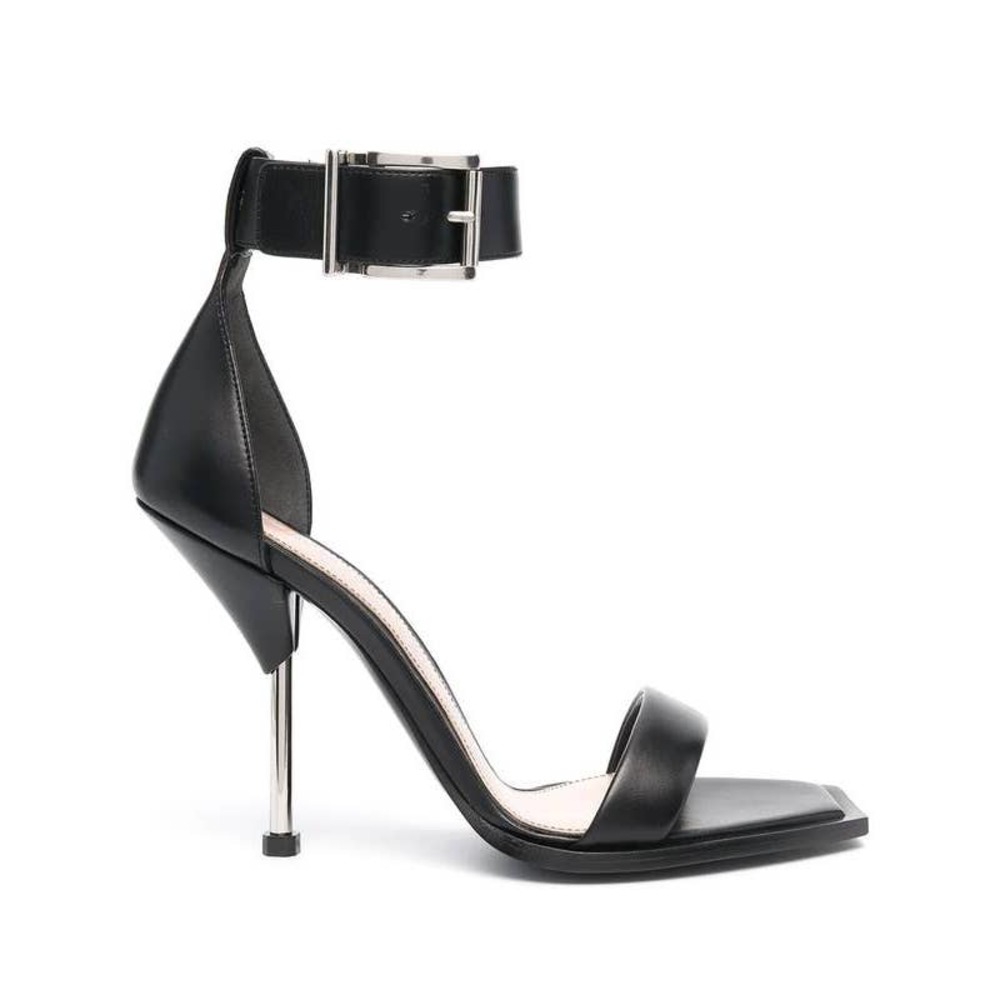 Alexander McQueen Black Leather Ankle Strap Stiletto Sandals